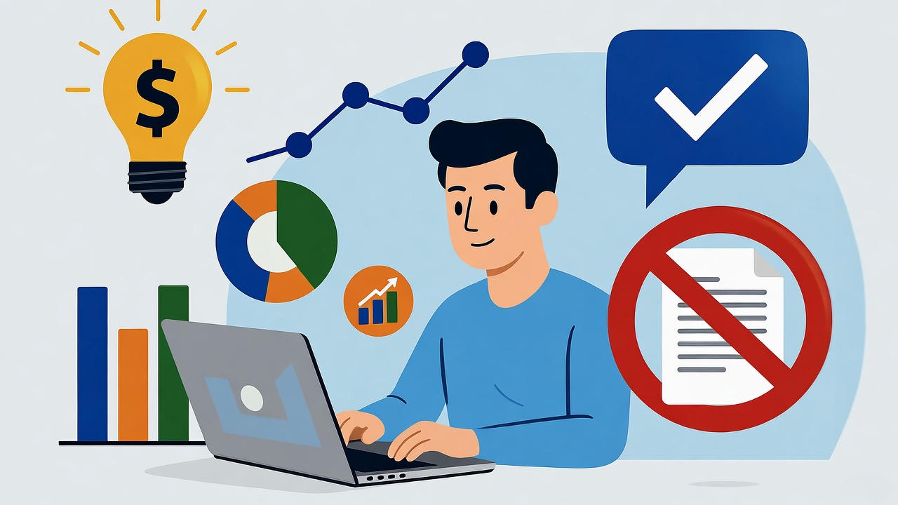 Illustration of a person working on a laptop with business charts, growth graphs, and a no plagiarism symbol, representing originality and productivity in digital content creation.